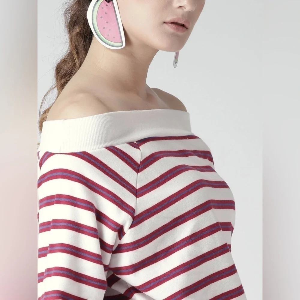 FOREVER 21 Women White & Red Striped Sweatshirt size 0X - Picture 4 of 7